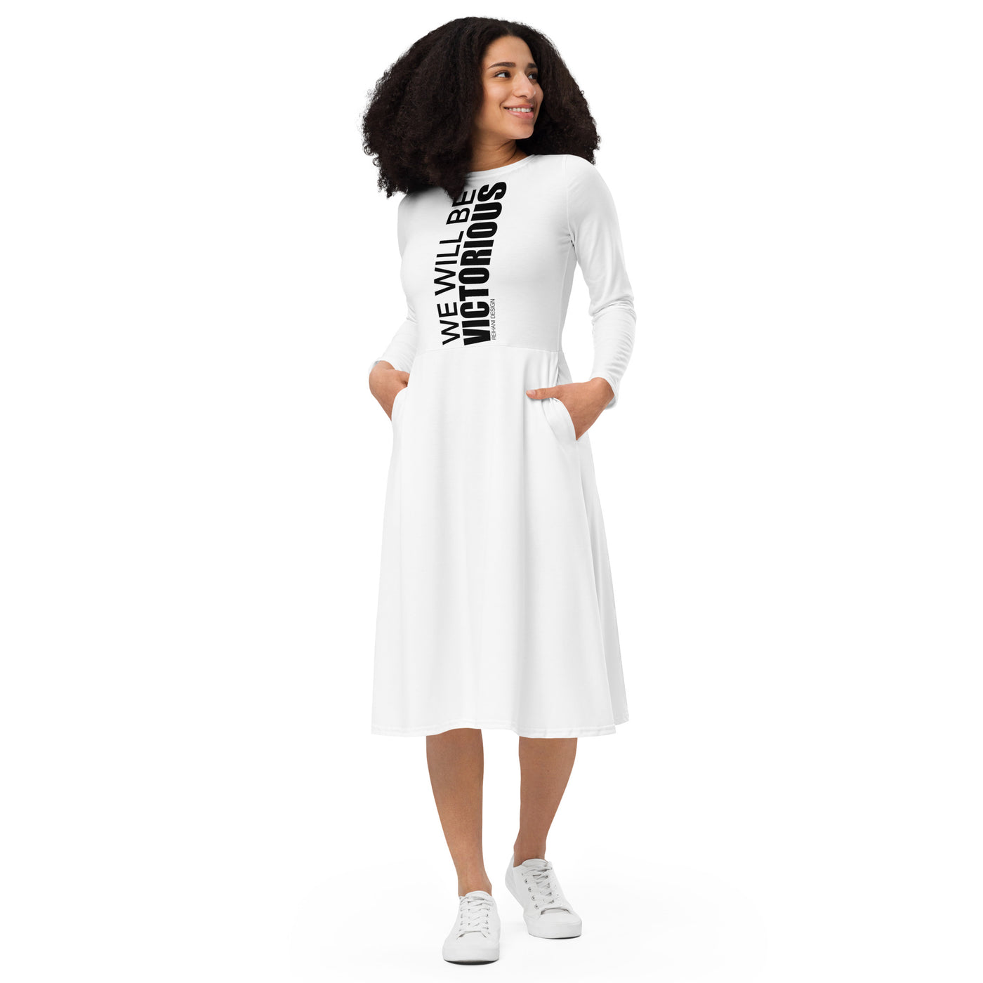 All-over print long sleeve midi dress with We will be victorious imprint