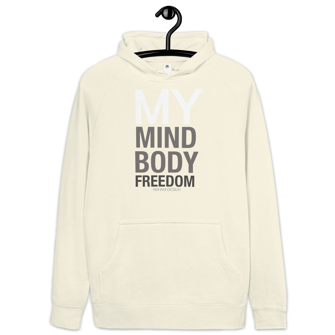 Unisex kangaroo pocket hoodie with "MY BODY MIND FREEDOM" imprint